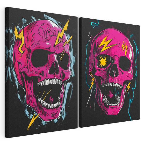 Collage van een roze schedel met bliksemschichten Modulaire canvasprint Collage van een roze schedel met bliksemschichten