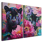 Modulaire canvasprint Schilderij van een panter en een panter met bloemen