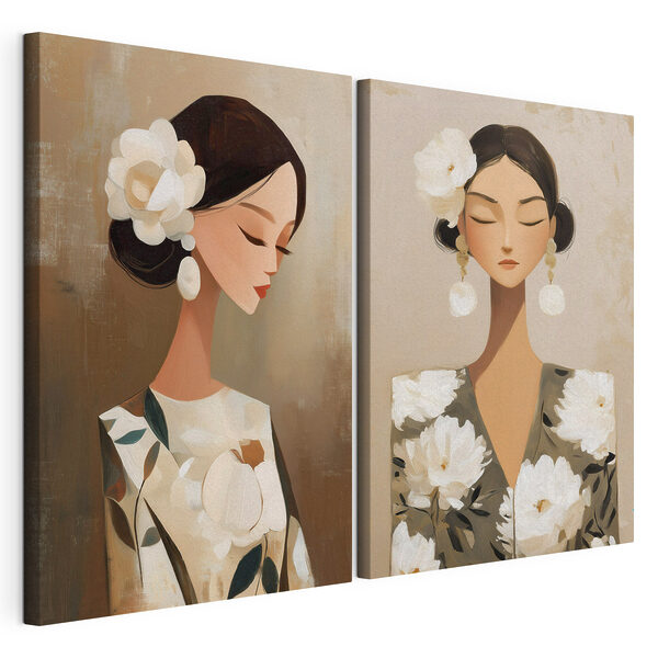 Modulaire canvasprint Collage van een vrouw met bloemen in haar haar