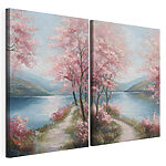 Modulaire canvasprint Schilderij van een pad langs een meer met roze bloemen