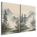 Modulaire canvasprint Schilderij van een rivier met bomen en bergen