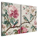 Modulaire canvasprint Twee vogels op een tak met bloemen