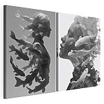 Modulaire canvasprint Profiel van een vrouw met vis en water