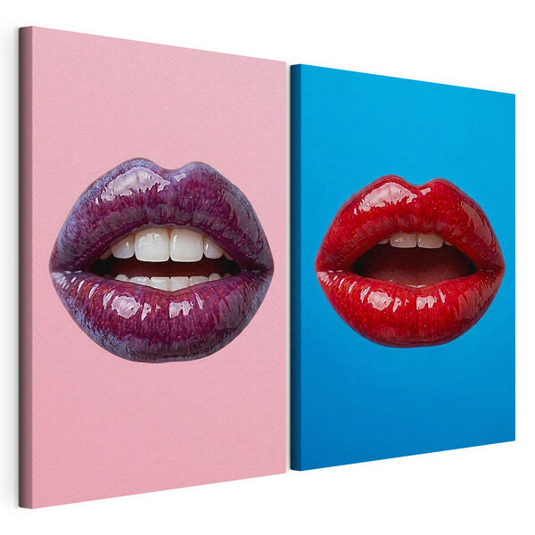 Modulaire canvasprint Levendige lippen tegen kleurrijke achtergronden