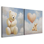 Modulaire canvasprint Twee foto's van een teddybeer die een ballon vasthoudt