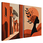 Modulaire canvasprint Vrouw met een hoed op haar hoofd en een straat met gebouwen