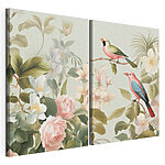 Modulaire canvasprint Een paar vogels op een tak met bloemen